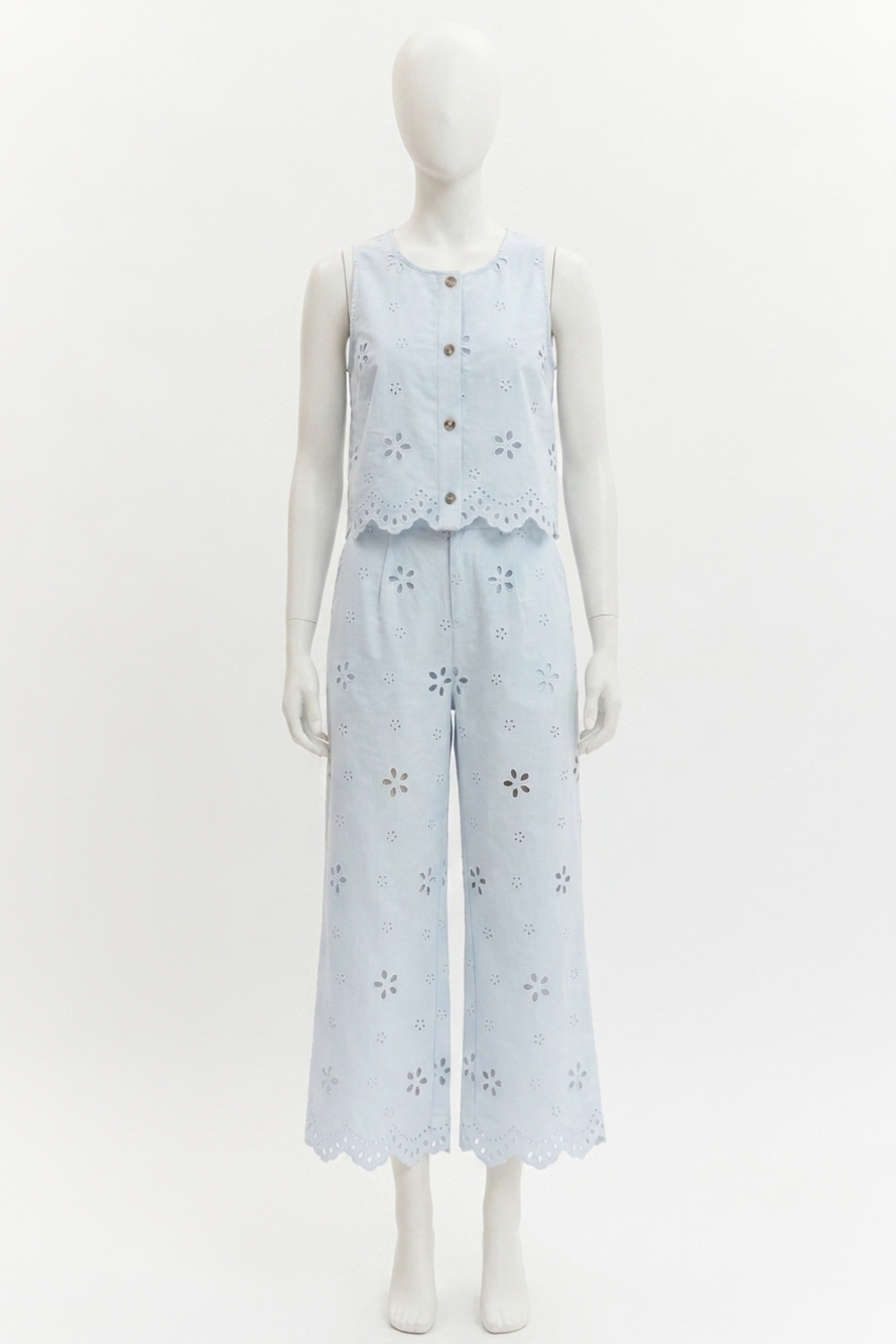NEW ENTRO fleur eyelet embroidered vest & pant set in light blue